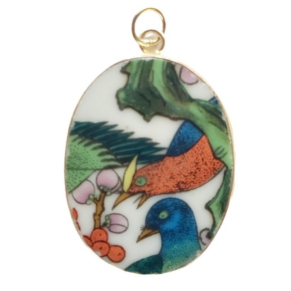 Vintage Transferware China Birds Pendant Oval Pottery Shard Focal Jewelry